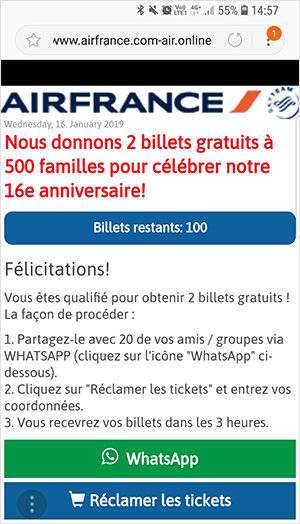 Pour pourvoir gagner les billets gratuits, il faut transmettre le message à 20 de ses contacts sur Whatsapp. visu2-arnaque-phishing-whatsapp