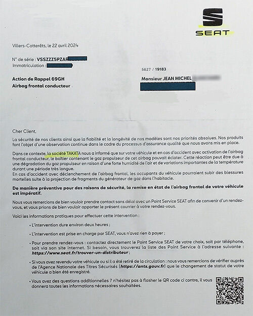 Le courrier de rappel envoyé par Seat. Image